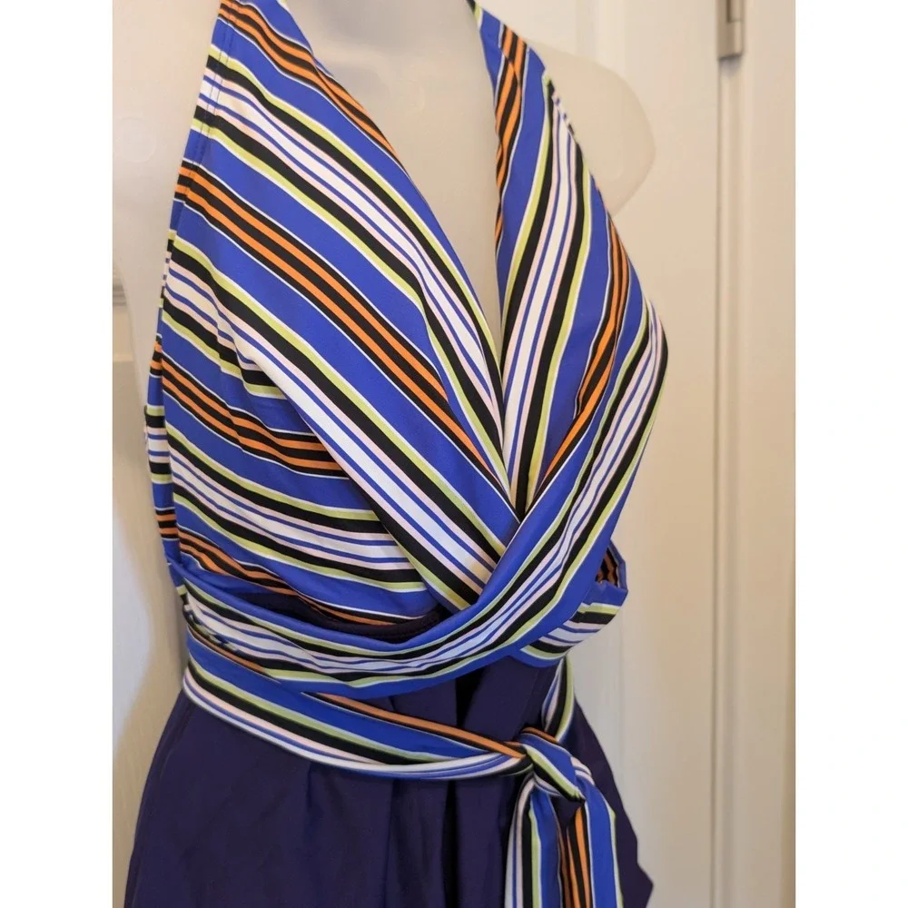 NWT Meet.Curve One Piece Swimsuit 3X Plus Size Striped Halter Wrap Swimwear New